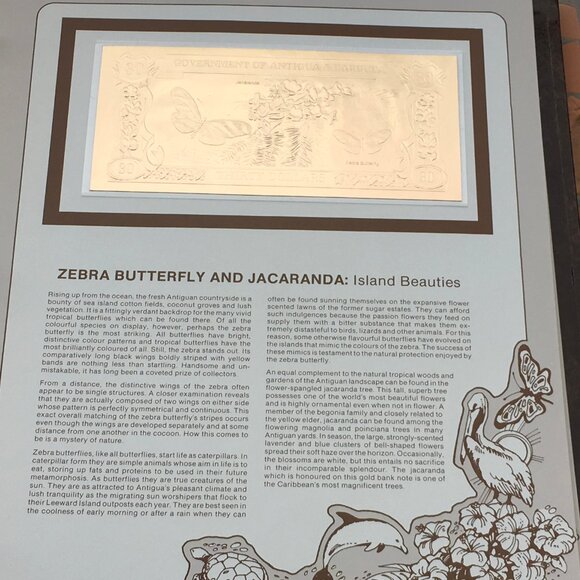 Gold Bank Notes Of Antigua And Barbuda 23 K Gold 30 Dollars Zebra Butterfly - Picture 2 of 5